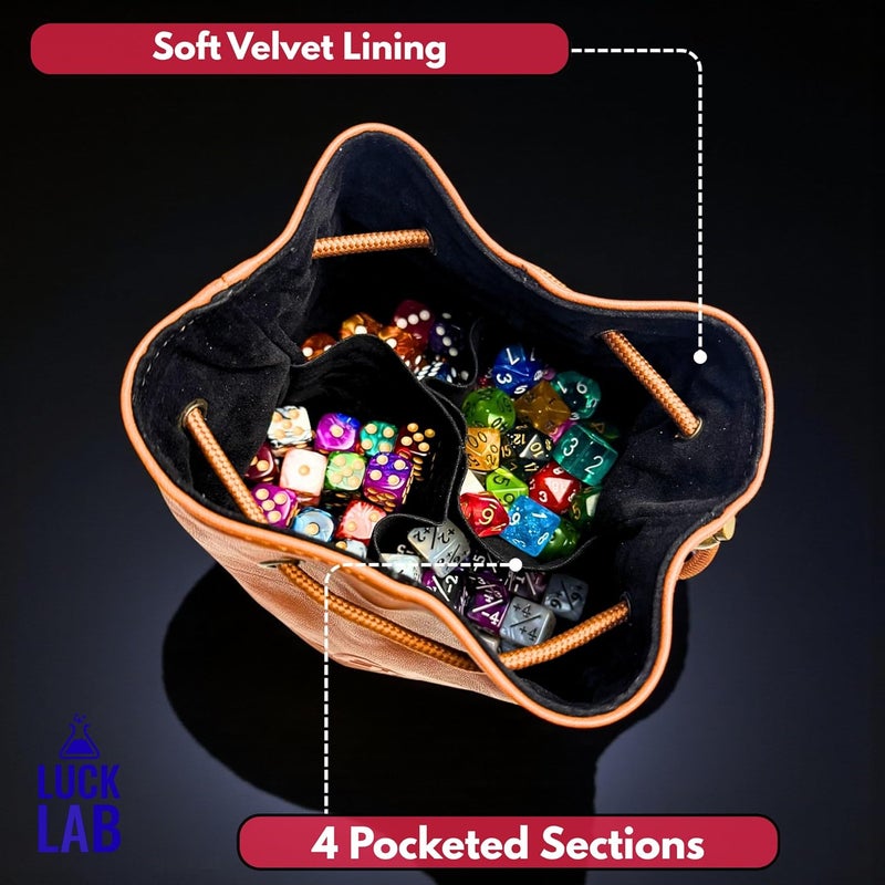 Luck Lab Dice Bag for DnD – Large Velvet-Lined PU Leather Dice Pouch w/ 4 Pockets, Embossed Design & Antique Gold Accents – Durable Dice Organizer for Tabletop RPGs & Game Accessories (Brown) - Image 3